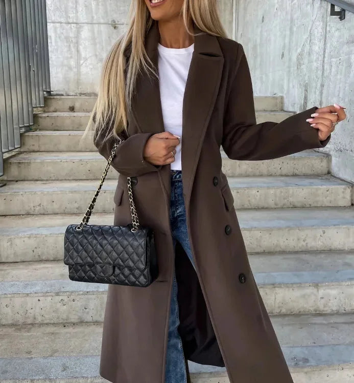 Damen Zweireihiger Mantel mit Gürtel und Taschen