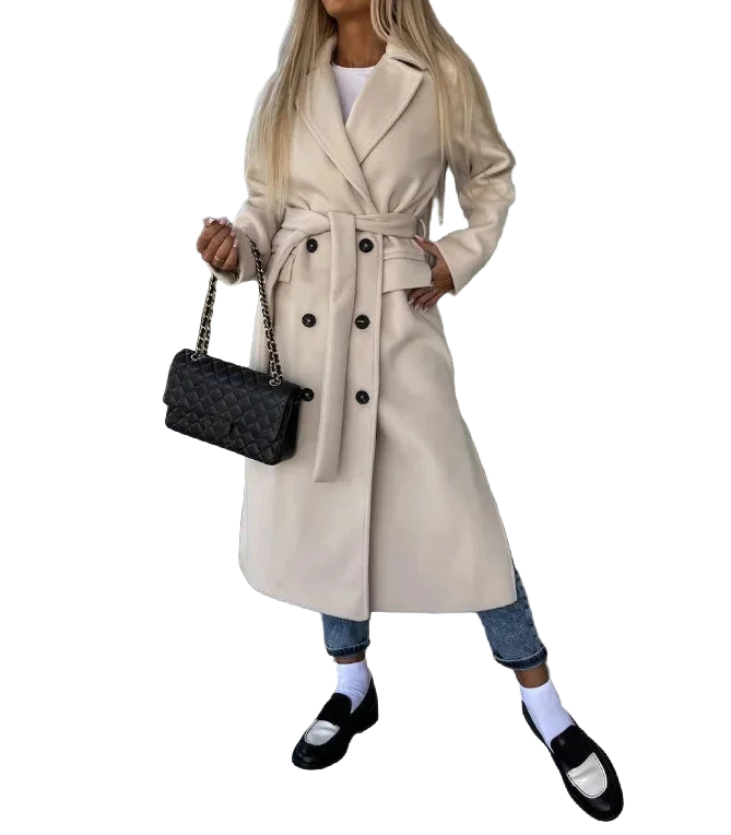 Damen Zweireihiger Mantel mit Gürtel und Taschen