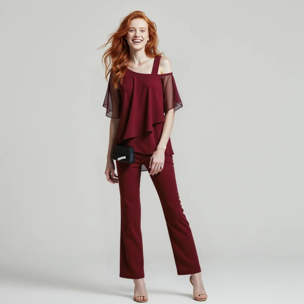 Modischer Zweiteiler für Damen in Burgund mit Cold-Shoulder-Bluse und weiten Hosen, aus leichtem Stoff mit eleganter…