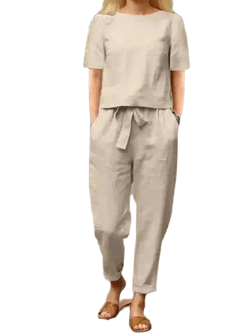 Damen Zweiteiler Set in Khaki mit elastischem Bund, langen Ärmeln und weichem, leichtem Stoff für Komfort und Stil.