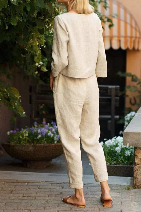 Damen Zweiteiler Set aus weichem Baumwollmix, elastischer Bund, langärmlig, ideal für Komfort und lässige Freizeitoutfits.