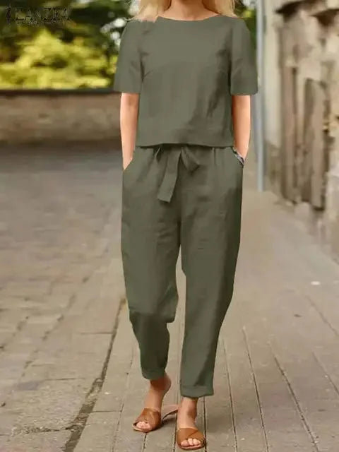 Damen Zweiteiler Set in Armeegrün, elastischer Bund, lange Ärmel, bequemes Material für Alltag und Freizeit.