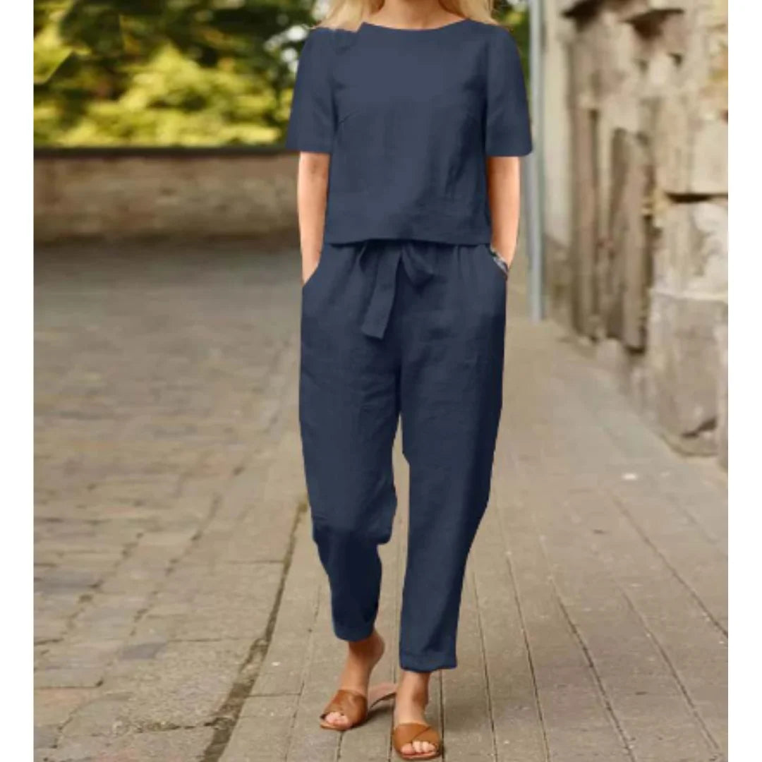 Damen Zweiteiler Set in Marineblau, elastischer Bund, lange Ärmel, weich und bequem für lässige Anlässe.