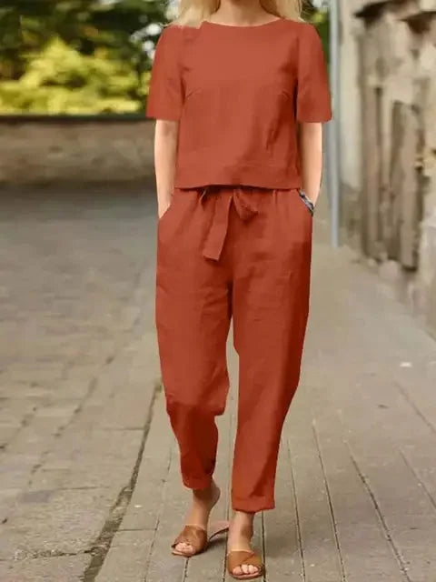 Damen Zweiteiler Set in Orange, aus bequemem Stoff mit elastischem Bund und langen Ärmeln für lässige Outfits.