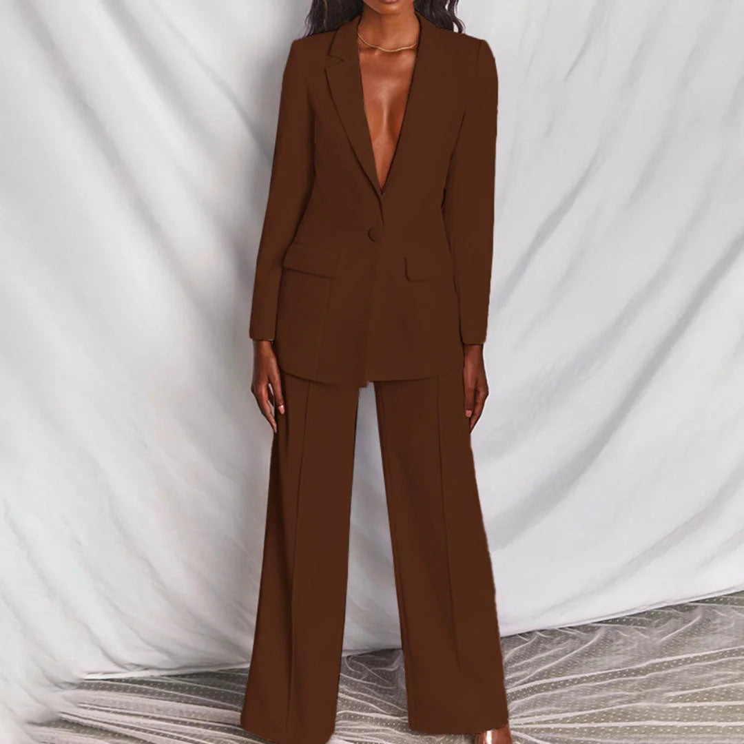 Damen Zweiteiliger Blazer und Hose Anzug mit Einzelknopf in klassischem Schnitt und hochwertigem Material.