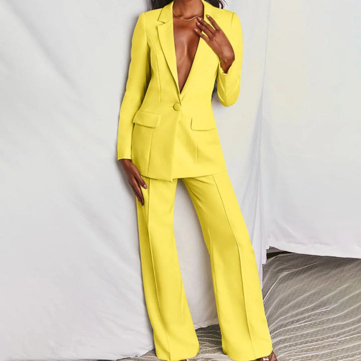 Gelber Damen Zweiteiler Blazer und Hose Anzug mit Einzelknopf in schicker Passform und hochwertigem Stoff für elegantes und…
