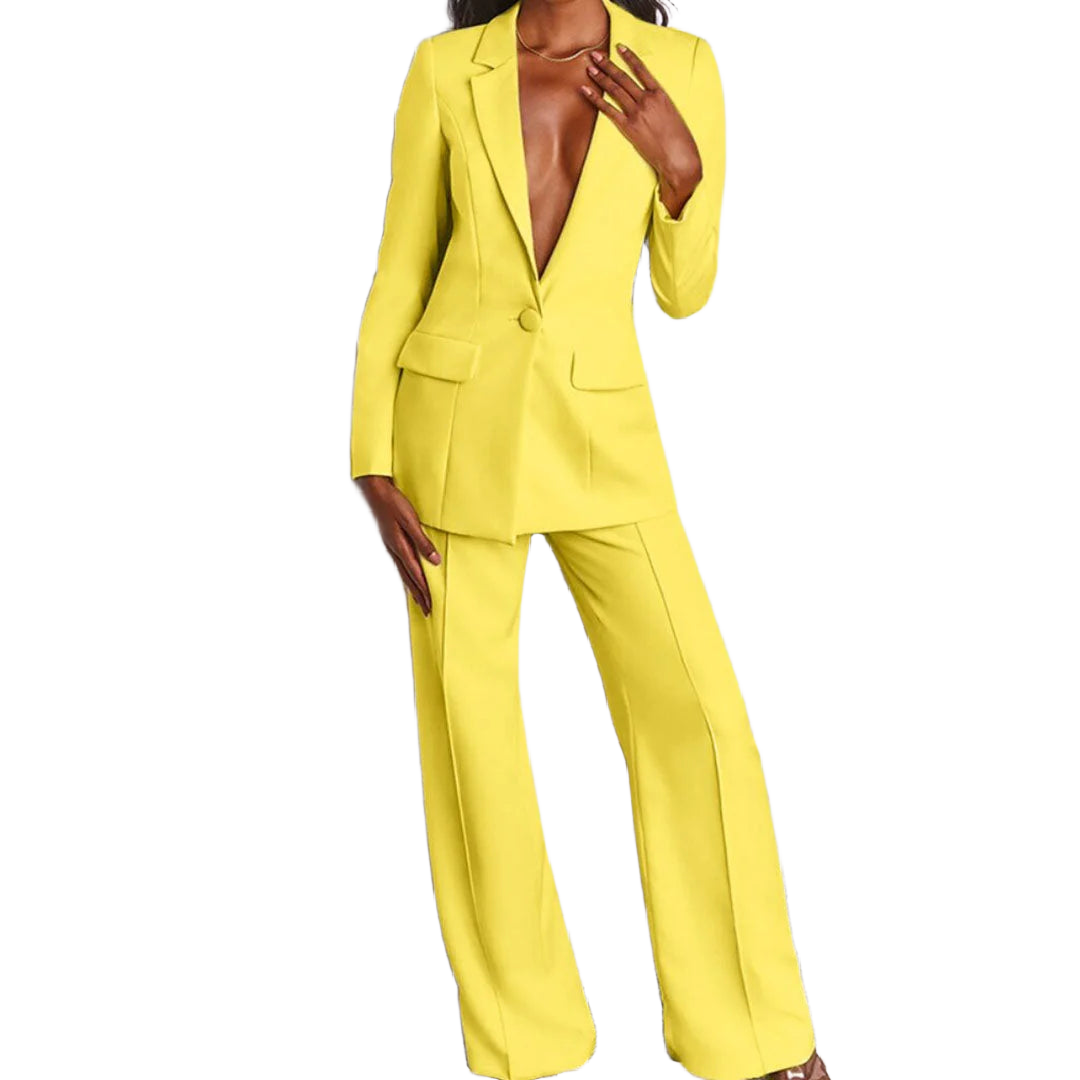 Gelber Damen Zweiteiler Blazer und Hose Anzug mit Einzelknopf in schicker Passform und hochwertigem Stoff für elegantes und…