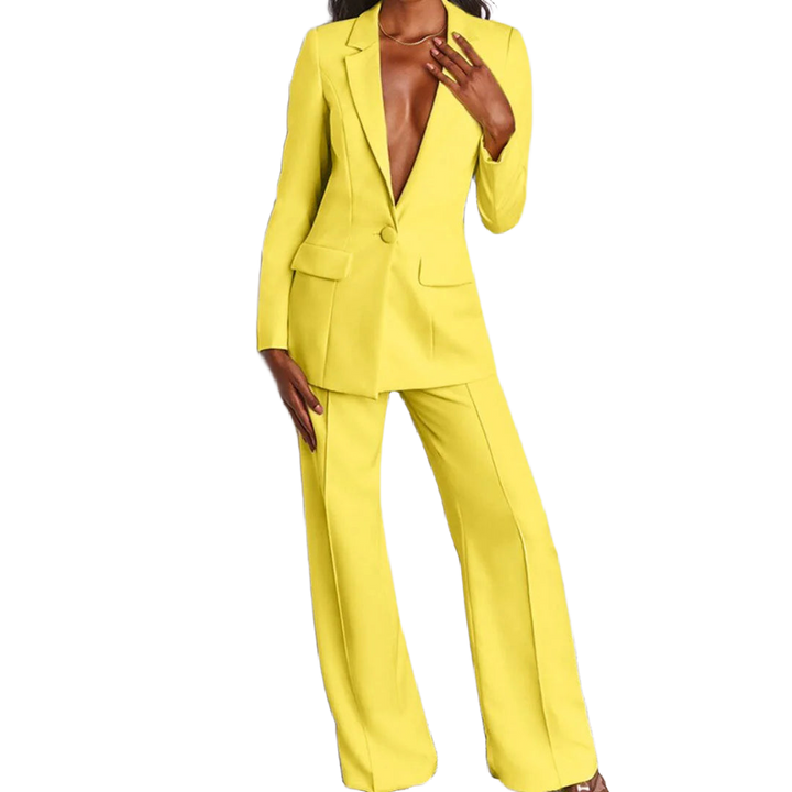 Gelber Damen Zweiteiler Blazer und Hose Anzug mit Einzelknopf in schicker Passform und hochwertigem Stoff für elegantes und…