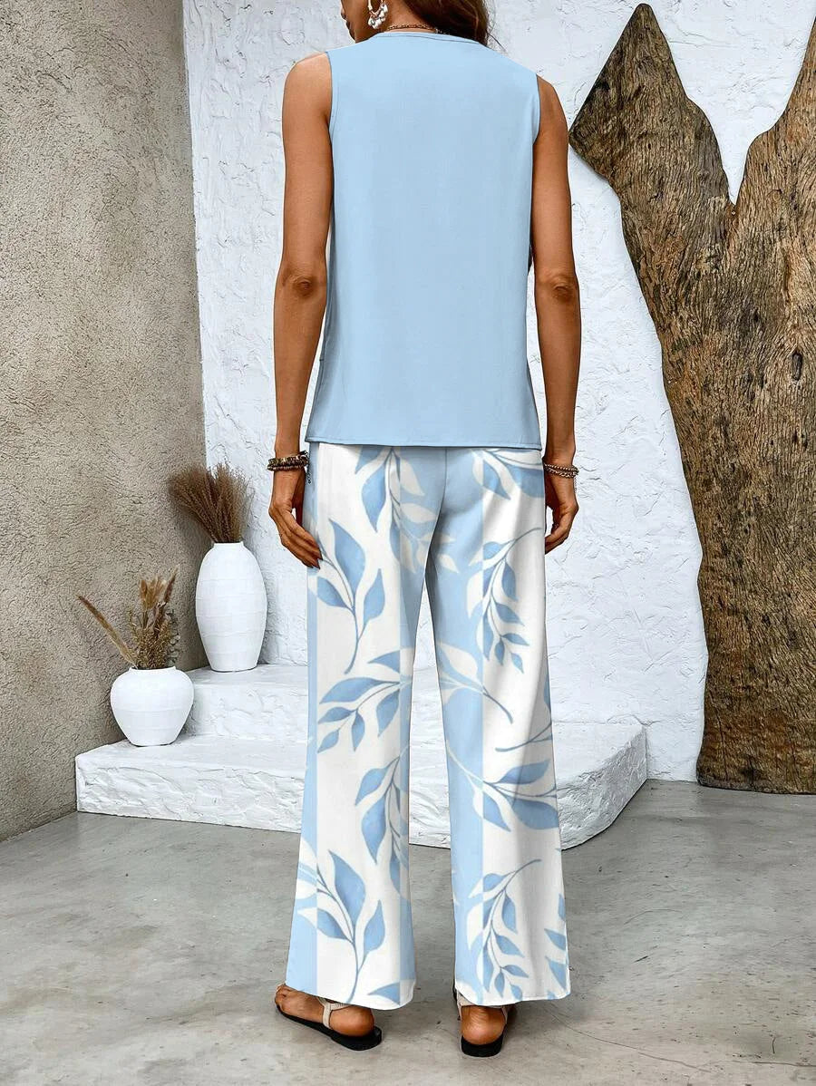 Damen zweiteiliges Set aus ärmellosem Top und bedruckter Hose, locker geschnitten, bequemer Stoff mit trendigem Muster.