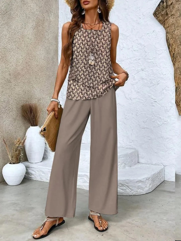 Braunes Zweiteiliges Set für Damen: Ärmelloses Top aus weichem Stoff mit bedruckter Hose. perfekte Kombination für den…