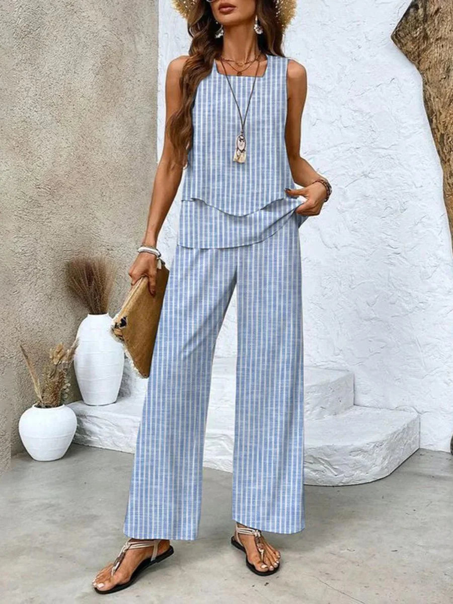 Ärmelloses Top und bedruckte Hose in Streifenmuster. Leichtes und bequemes Set für Damen, ideal für den Sommer.