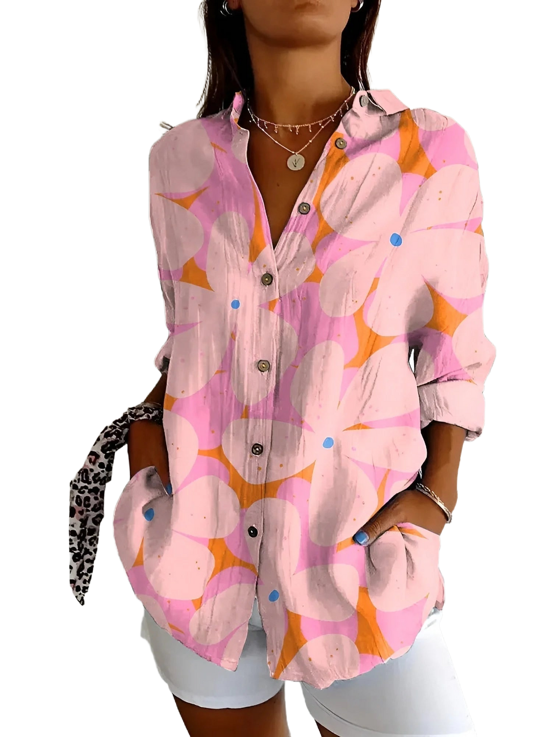 Damen Button-Down-Hemd aus leichtem Stoff in Rosa mit langen Ärmeln und süßem Blumenmuster, perfekt für den Frühling.