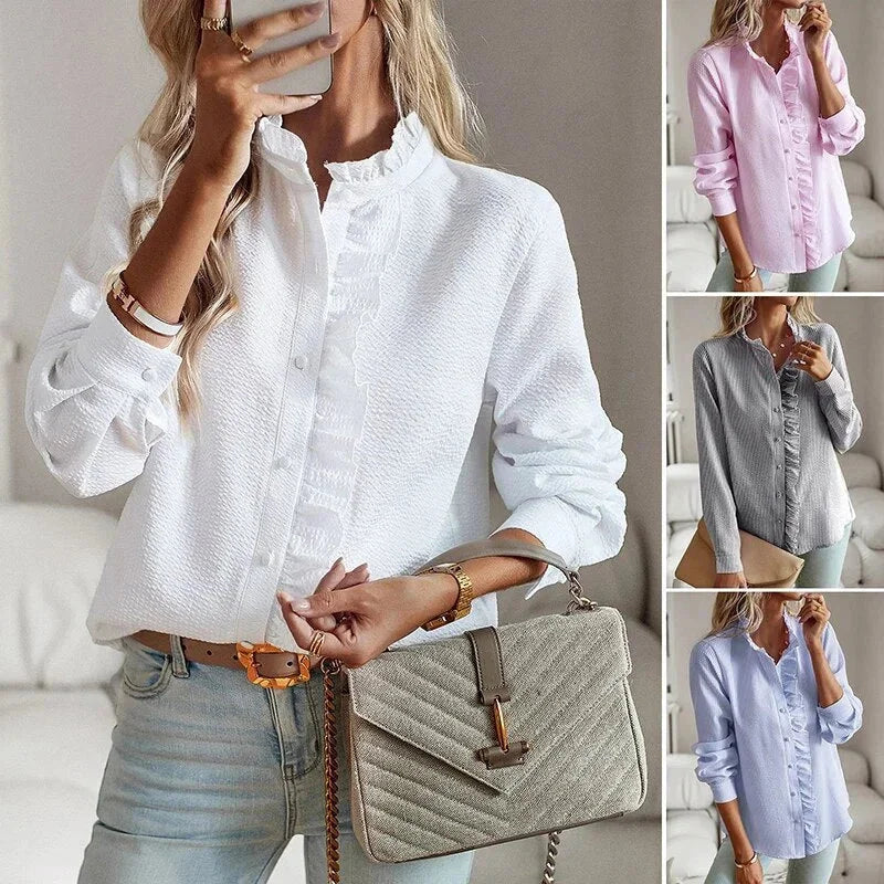 Damenbluse aus leichtem Baumwollmix mit Rüschenkragen und langen Ärmeln, ideal für vielseitige Outfits.