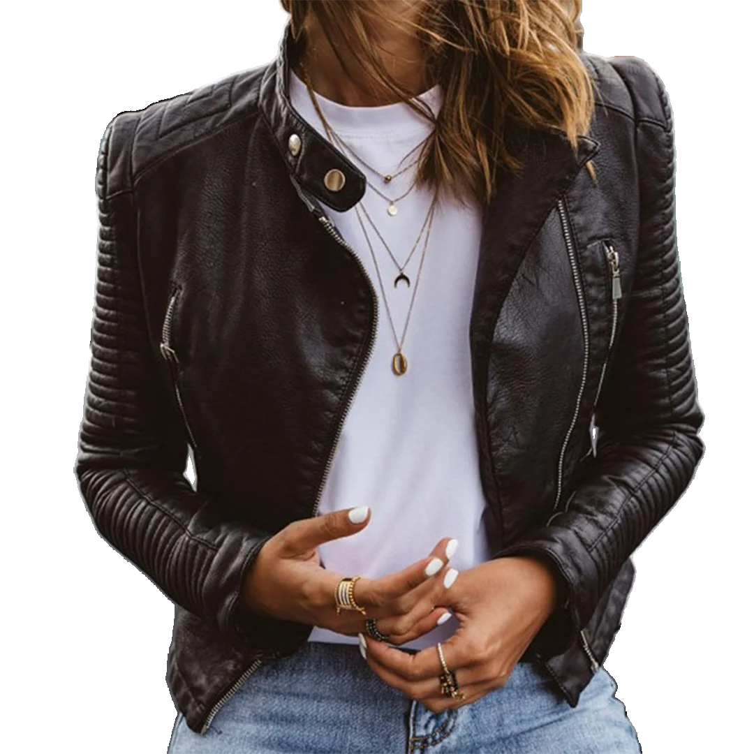 Schwarze Damenjacke aus Lederimitat mit Reißverschluss-Detail, ideal für lässige Outfits und vielseitige…