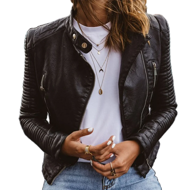 Schwarze Damenjacke aus Lederimitat mit Reißverschluss-Detail, ideal für lässige Outfits und vielseitige…