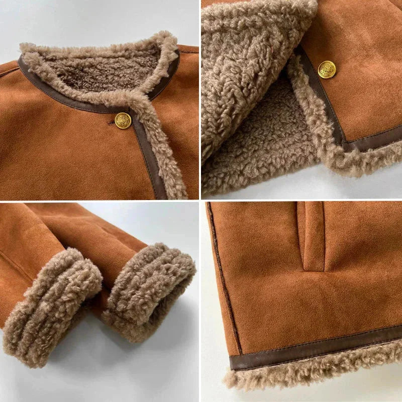 Braune Damenjacke mit weichem Kuschelfutter und praktischem Reißverschluss, ideal für kalte Tage.