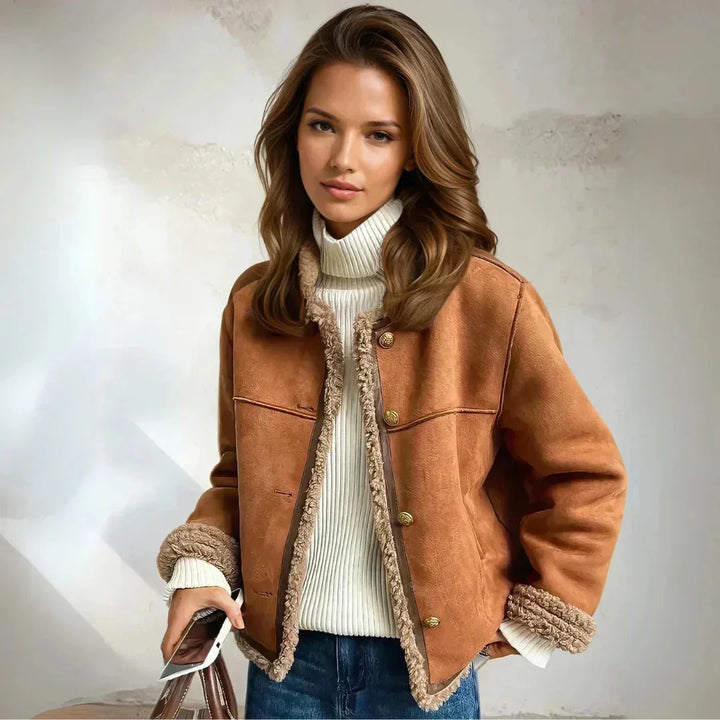 Braune Damenjacke mit weichem Kuschelfutter, ideal für kalte Tage, mit praktischen Taschen und dezentem Schnitt.