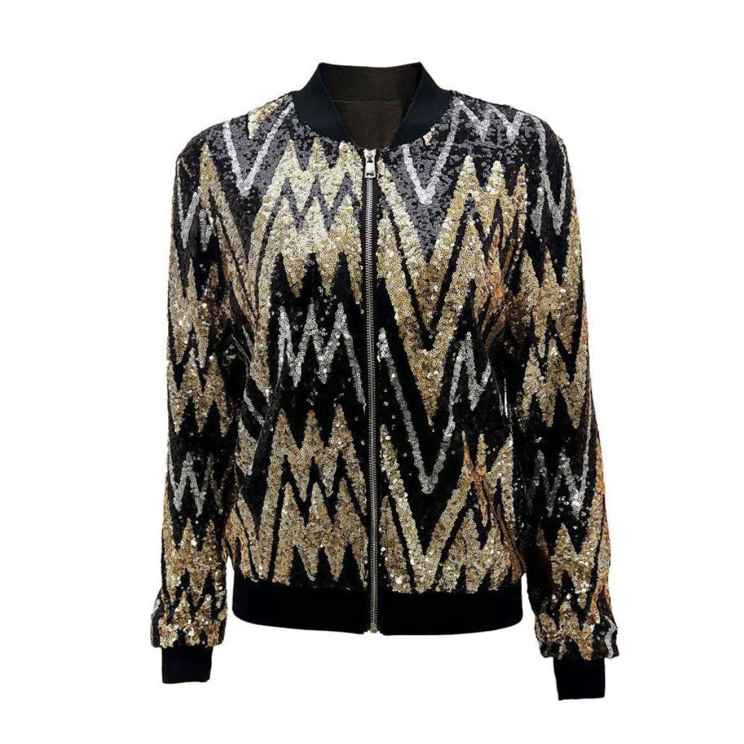 Schwarze Damenjacke mit goldenen Pailletten, Reißverschluss und elegantem Design, ideal für besondere Anlässe.