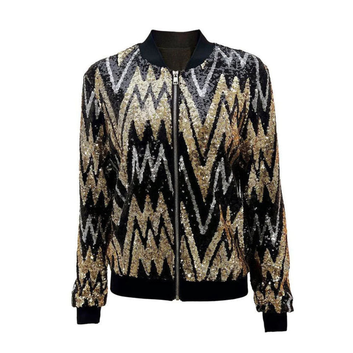 Schwarze Damenjacke mit goldenen Pailletten, Reißverschluss und elegantem Design, ideal für besondere Anlässe.