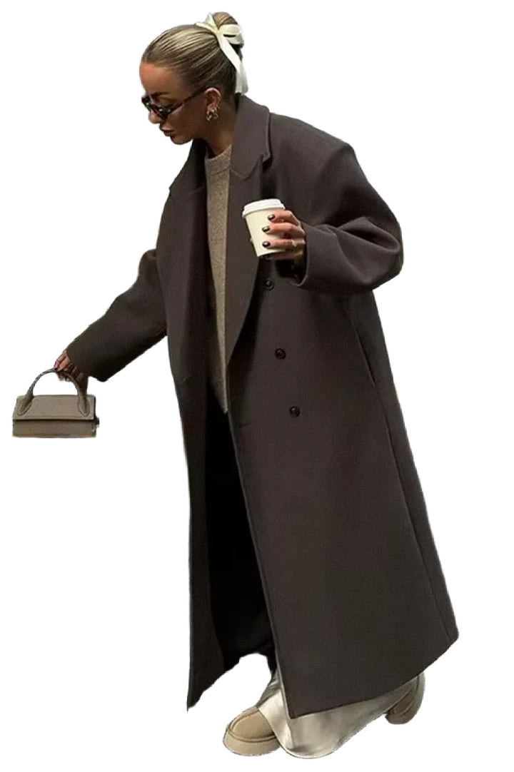 Damen Oversized Mantel in Dunkelbraun, aus weichem Material mit klassischen Knöpfen und lässigem Schnitt, ideal für den…
