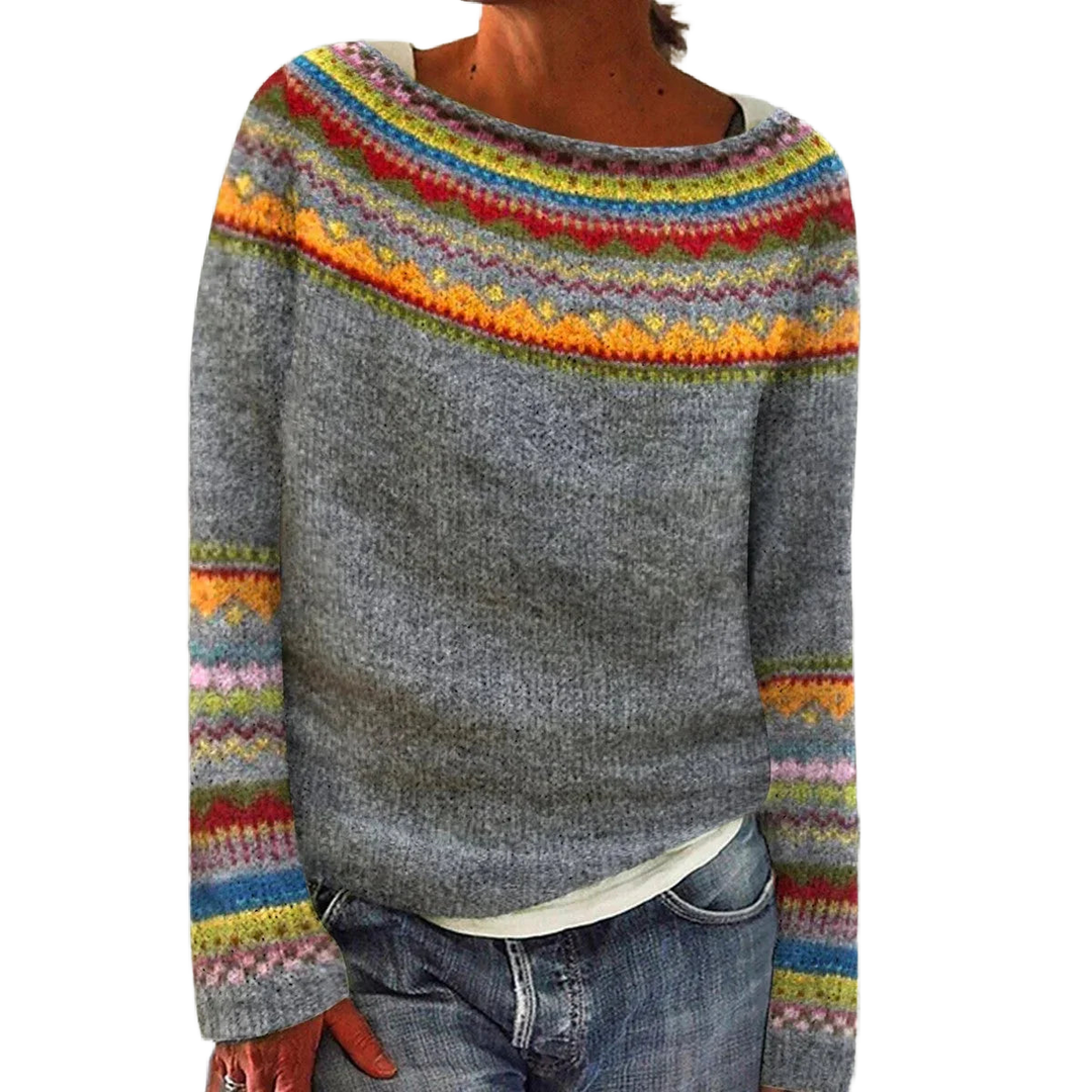 Damen Pullover aus weichem Strick, mit farbenfrohem Norwegermuster und Rundhalsausschnitt für einen lässigen Look.