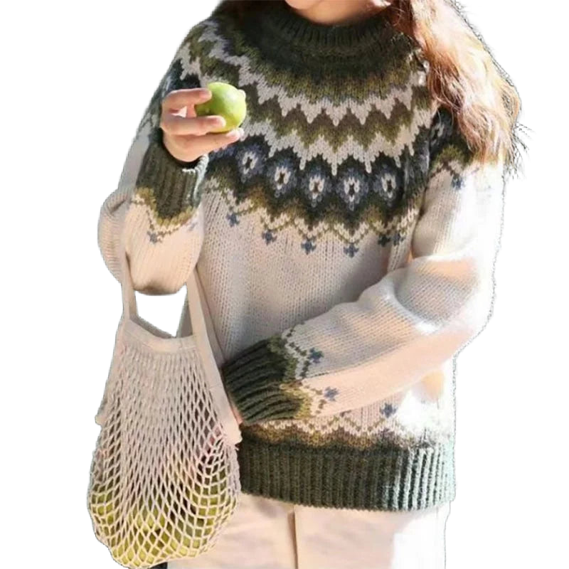 Grüner Damen Pullover aus weicher Baumwolle mit Fair Isle Muster und entspanntem Schnitt für täglichen Komfort.