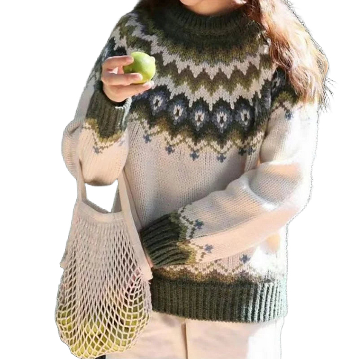 Grüner Damen Pullover aus weicher Baumwolle mit Fair Isle Muster und entspanntem Schnitt für täglichen Komfort.