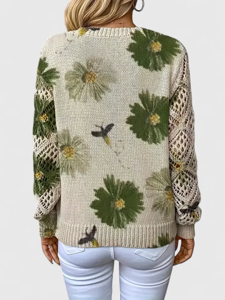 Damenpullover mit Floralmuster aus Baumwoll-Mix, V-Ausschnitt und lockerer Passform für einen lässigen Look.