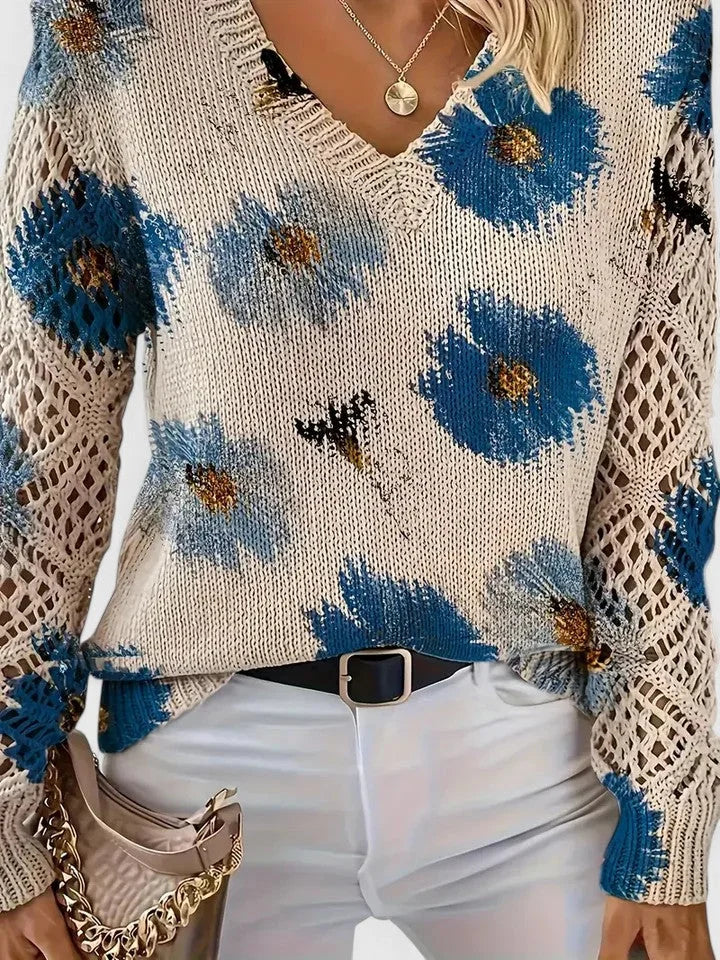 Damenpullover mit Floralmuster, V-Ausschnitt, aus weicher Baumwolle, ideal für lässige Anlässe und kombinierbar mit…