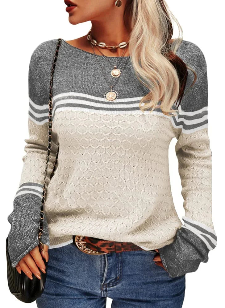 Beige Damenpullover mit Rundhalsausschnitt, aus weichem Material, dekorativem Streifenmuster und lässigem Schnitt.