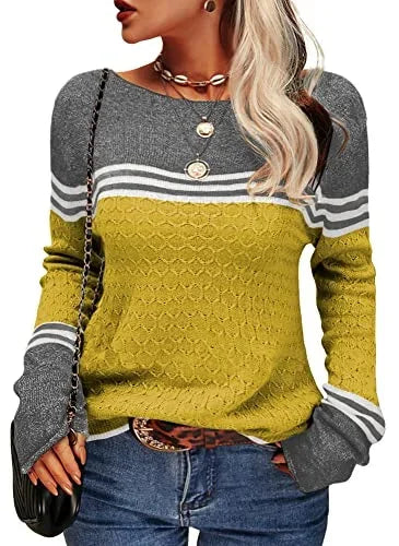 Gelber Damenpullover mit Rundhalsausschnitt, Streifenmuster und weichem Baumwollmaterial für angenehmen Tragekomfort.