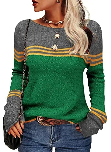Grüner Damenpullover mit Rundhalsausschnitt, Streifenmuster und weichem, atmungsaktivem Material für alle Jahreszeiten.