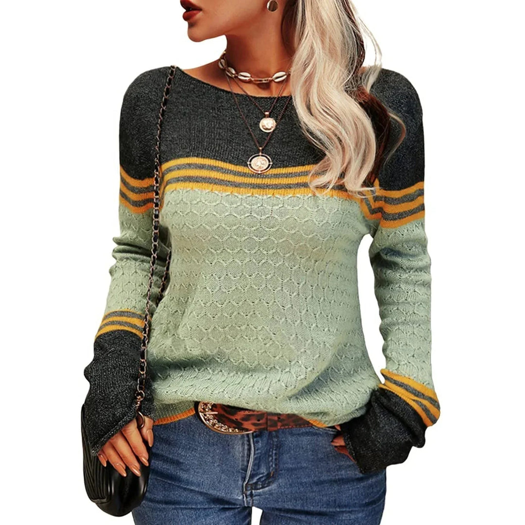 Hellgrüner Damenpullover mit Rundhalsausschnitt und Streifenmuster, aus weichem Baumwollmix gefertigt, ideal für den Alltag.