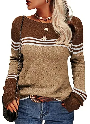 Khaki Damenpullover aus weichem Material, mit Rundhalsausschnitt und dekorativem Streifenmuster für lässige Looks.