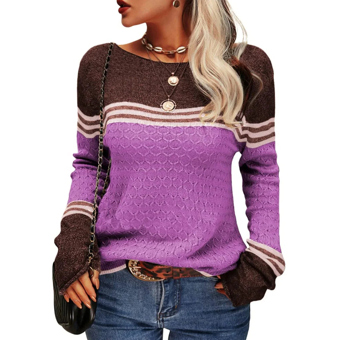 Lila Damenpullover mit Rundhalsausschnitt und Streifenmuster, aus weichem, atmungsaktivem Material. Ideal für lässige…
