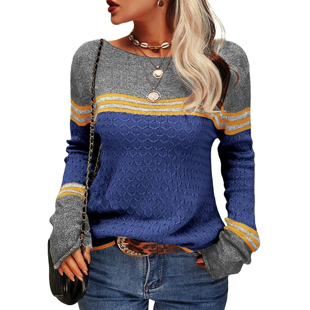 Damenpullover in Marineblau mit Rundhalsausschnitt, gestreiftem Design aus weichem Baumwollmix für Alltag und Freizeit.