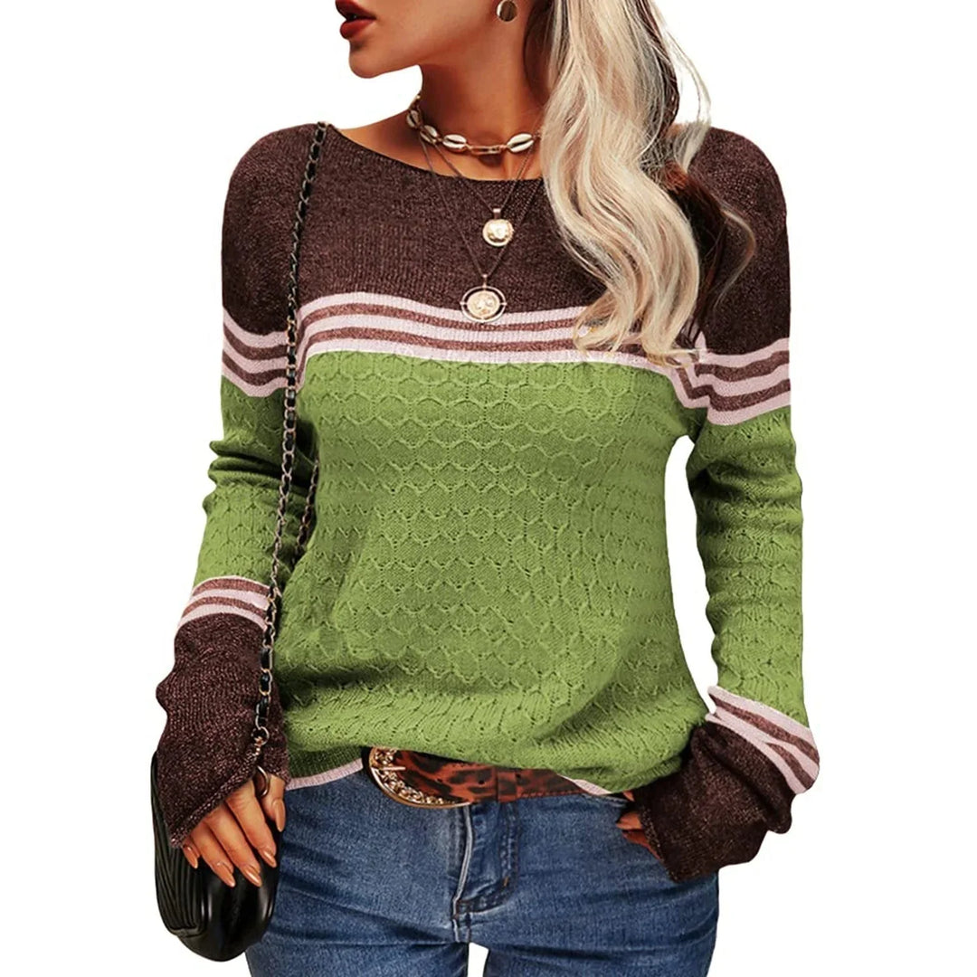 Olivgrüner Damenpullover mit Rundhalsausschnitt und Streifenmuster, aus weicheren Baumwollmix, perfekt für den Alltag.
