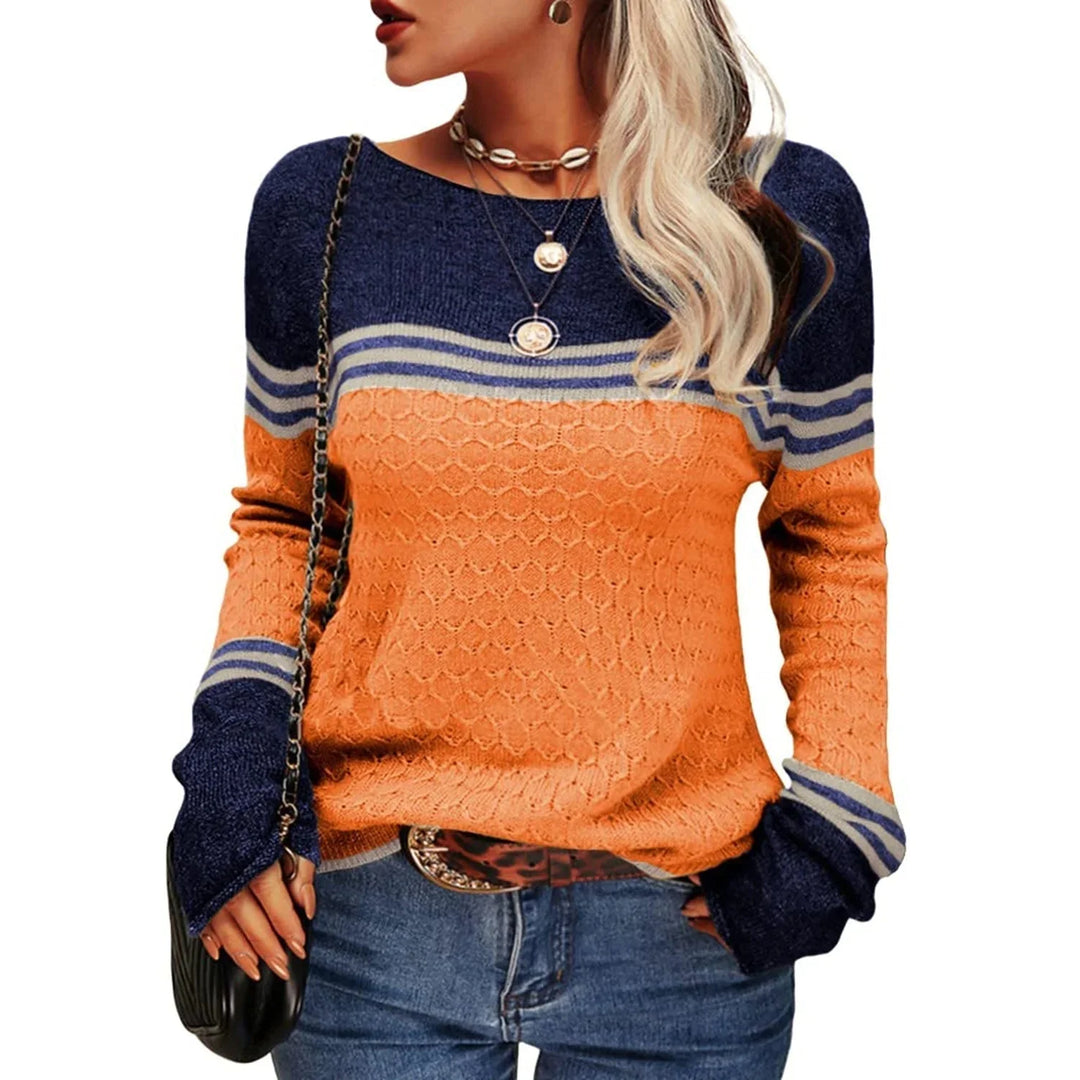 Damenpullover in Orange mit Rundhalsausschnitt, gestreift, aus weicher Baumwolle, ideal für Alltag und Freizeit.