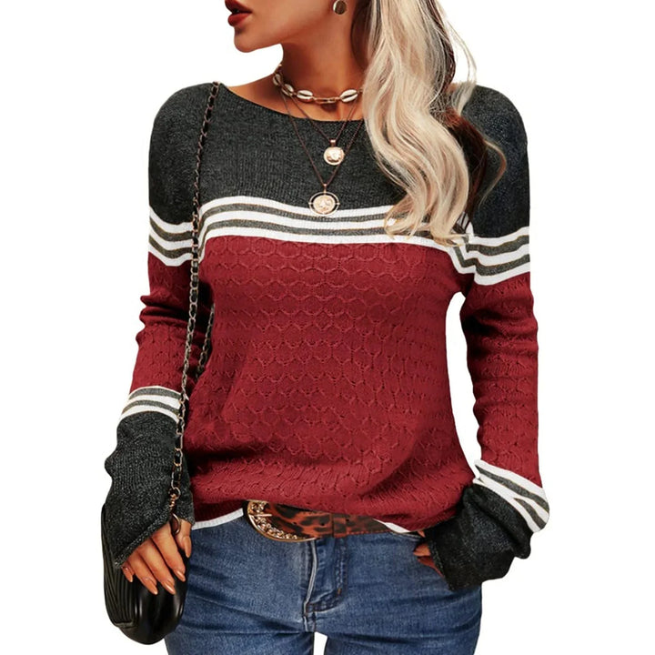 Roter Damenpullover mit Rundhalsausschnitt, Streifenmuster und weichem Material, ideal für lässige Anlässe.