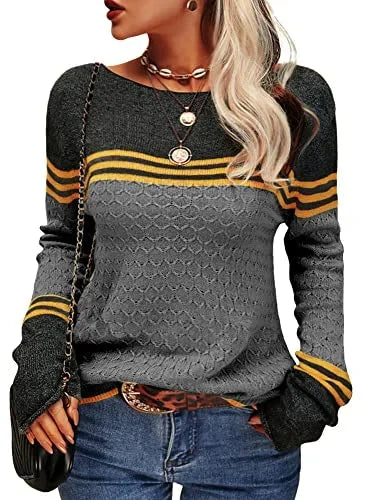 Damenpullover in Schwarz mit Rundhalsausschnitt, gestreiftem Muster und weichem, atmungsaktivem Material. Ideal für den…