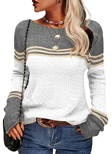 Weißer Damenpullover mit Rundhalsausschnitt und Streifenmuster aus hochwertiger Baumwolle, ideal für Alltag und Freizeit.