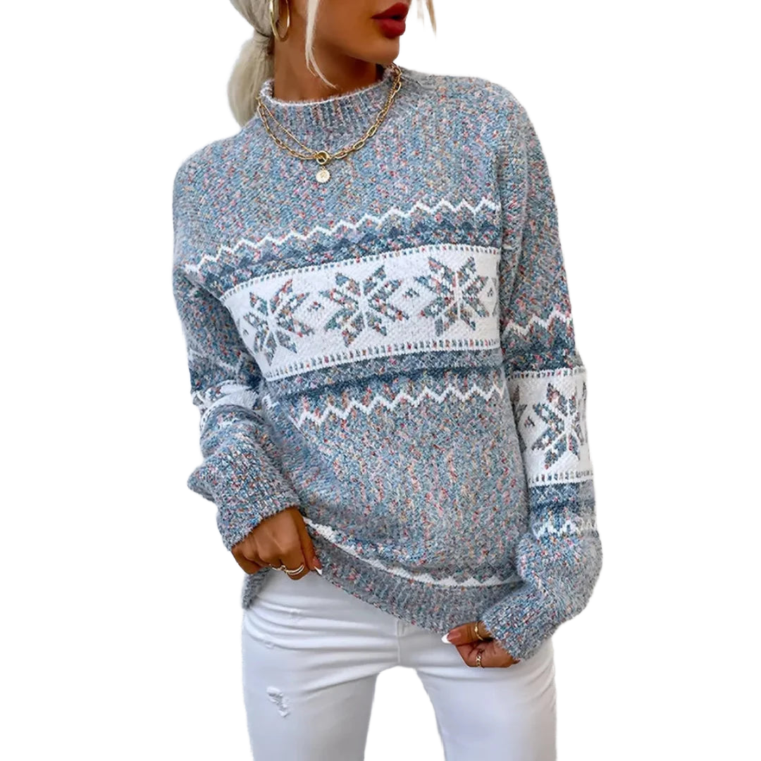 Grau Damen Pullover mit Schneeflockenmuster, aus weicher Baumwolle, ideal für die kühlen Herbst- und Wintermonate.