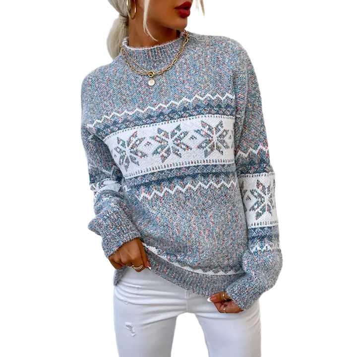Grau Damen Pullover mit Schneeflockenmuster, aus weicher Baumwolle, ideal für die kühlen Herbst- und Wintermonate.