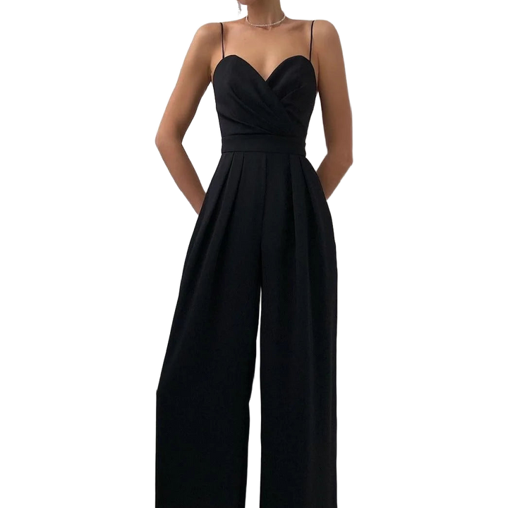 Schwarzer Damen Overall mit Herzausschnitt, weitem Bein, aus hochwertigem Stoff, elegant und stilvoll gestaltet.