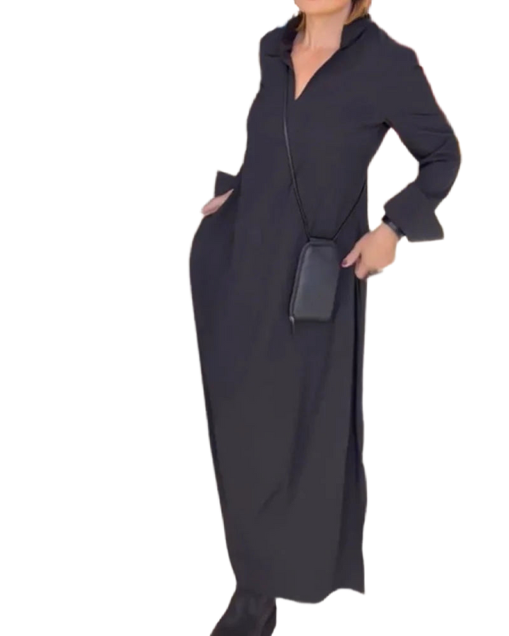 Elegantes Damen Maxikleid aus leichter Baumwolle, mit Seitenschlitz und klassischem Kragen für einen stilvollen Look.