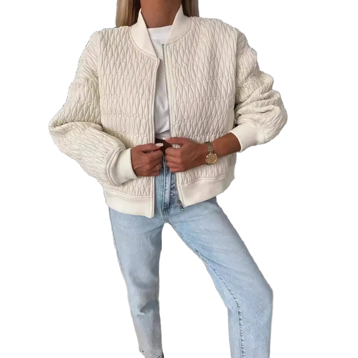 Damen Off-White Bomberjacke aus gestepptem Material, mit Reißverschluss und elastischen Rippbündchen für zusätzlichen…