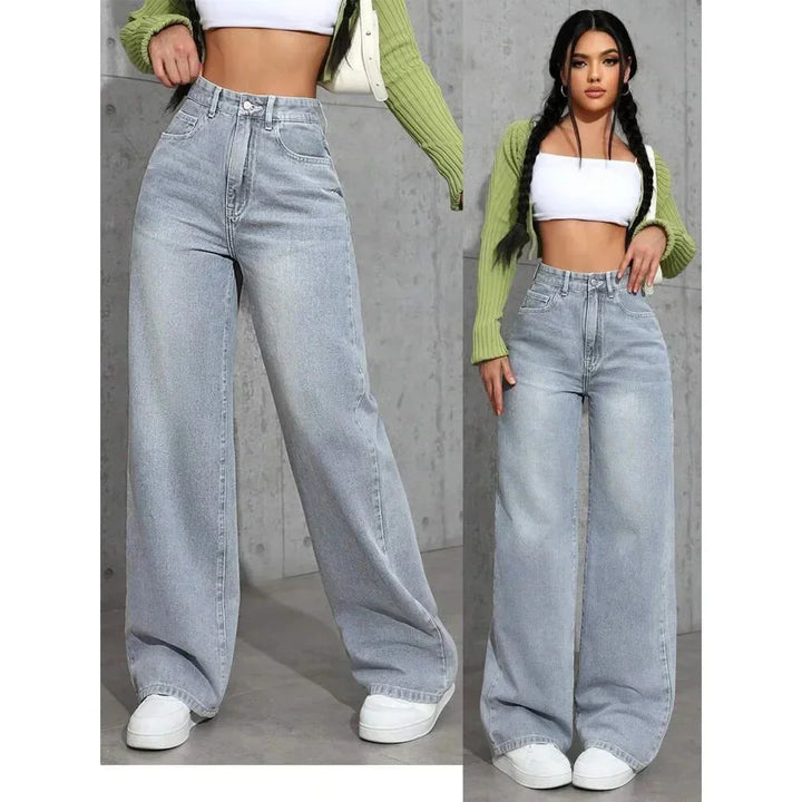 Damen Baggy Jeans in Blau/Grau, hoher Bund, weites Bein, aus bequemem Denim, ideal für lässige Outfits.