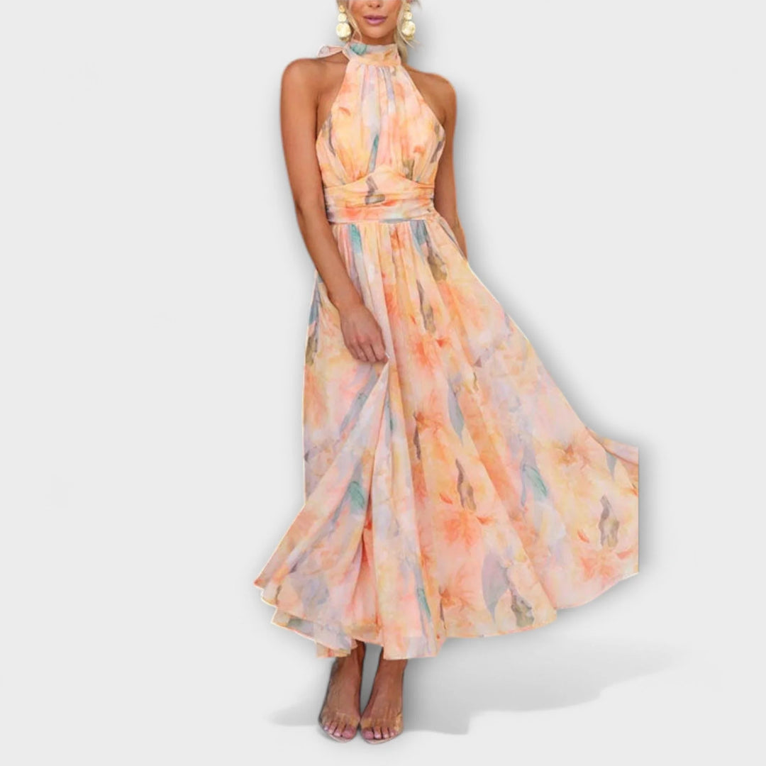 Halterneck Maxikleid mit Aquarelldruck in Pastelltönen