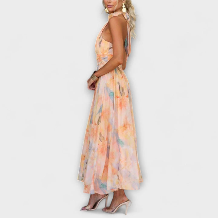 Halterneck Maxikleid mit Aquarelldruck in Pastelltönen