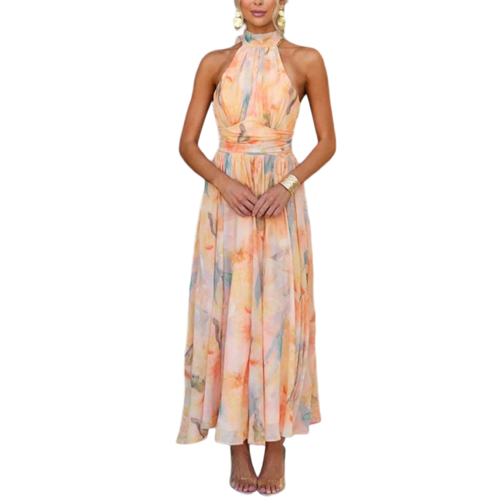 Halterneck Maxikleid mit Aquarelldruck in Pastelltönen